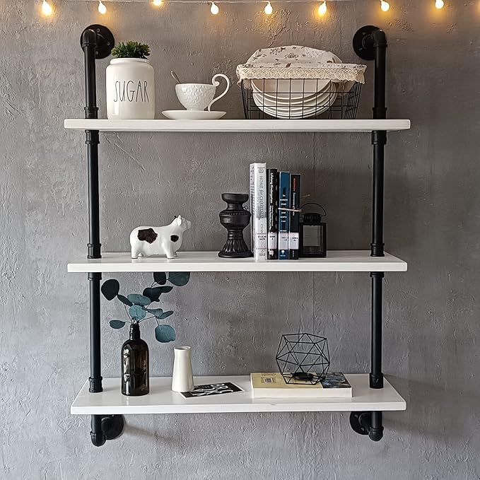 Industrial Pipe Shelving Rustic White Pipe Wall Shelves Bathroom Shelves with Wood Planks Industrial Floating Shelves 30 Inch