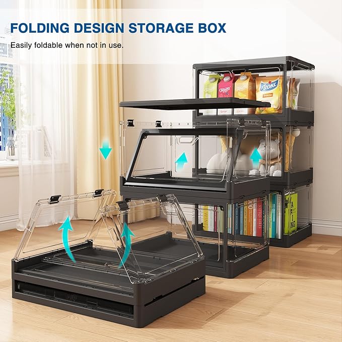 HYBRIDEAS 3-Pack Clear Stackable Storage Bins with Lids Magnetic Doors Open Front Foldable Folding Plastic Craft Containers L