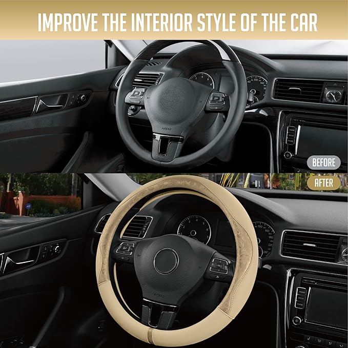 PIC AUTO Steering Wheel Cover, Gold Patterned Leather Patchwork Design, Universal Fit 14.5"–15.5", Anti-Slip, Odor-Free, Soft
