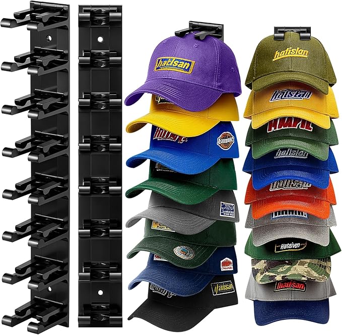 Hat Organizer for Baseball Caps, 2 Pack Hat Rack for Wall Closet Door Hold up to 16 Hats,Hat Holder with Adhesive and 8 Screw