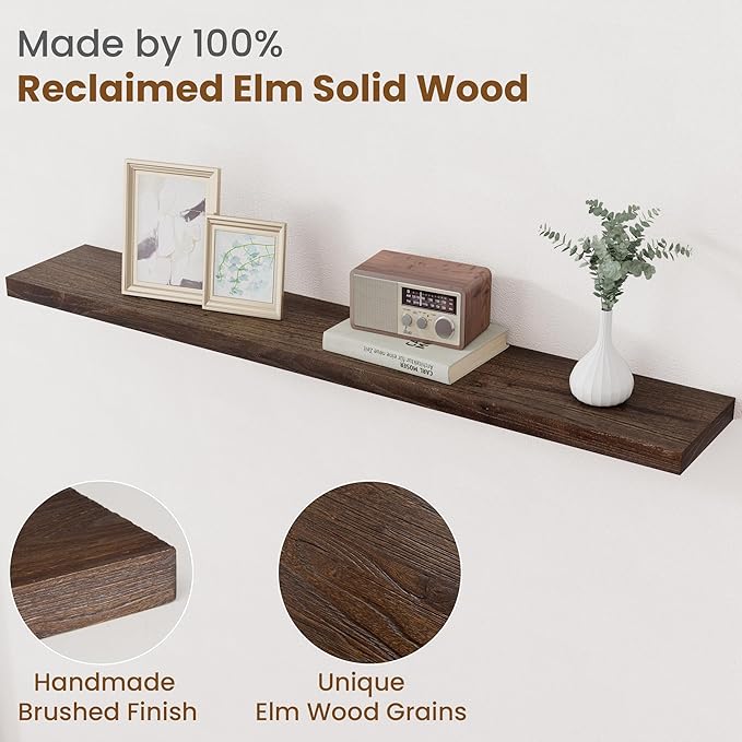 Floating Shelves for Wall Decor, 8 Inch Deep Rustic Solid Elm Wood Floating Shelves Wall Mounted, Wall Shelves with Invisible