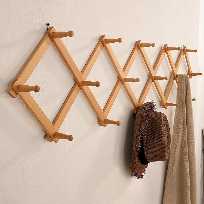 SKOLOO Accordion Wall Hanger with 16 Hooks, Modern Expandable Coat Rack Hat Rack for Wall, Solid Wooden, Natural Color