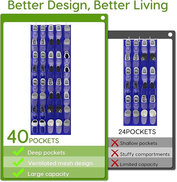 Unjumbly Over the Door Shoe Organizer with 40 Large Breathable Mesh Pockets, Space Saving Shoe Holder, Hanging Shoe Rack for 
