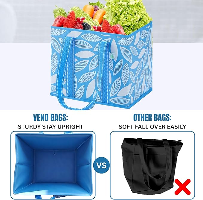 VENO 3 Pack Reusable Grocery Bags, Shopping Bags for Groceries, Tote with Handles and Hard Bottom, Foldable Shopping Cart Organizer, Water Resistant, Heavy-Duty (Spring Breeze, 6 Gallon)