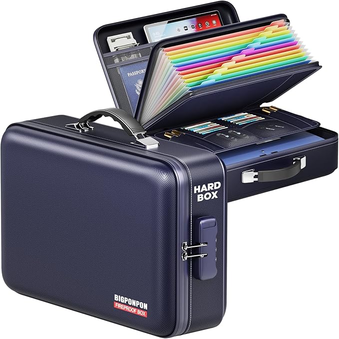 Fireproof Document Box, Hard Case Highly Flame-Resistant Fire Proof Waterproof File Organizer with Lock, Portable Fire Safe f