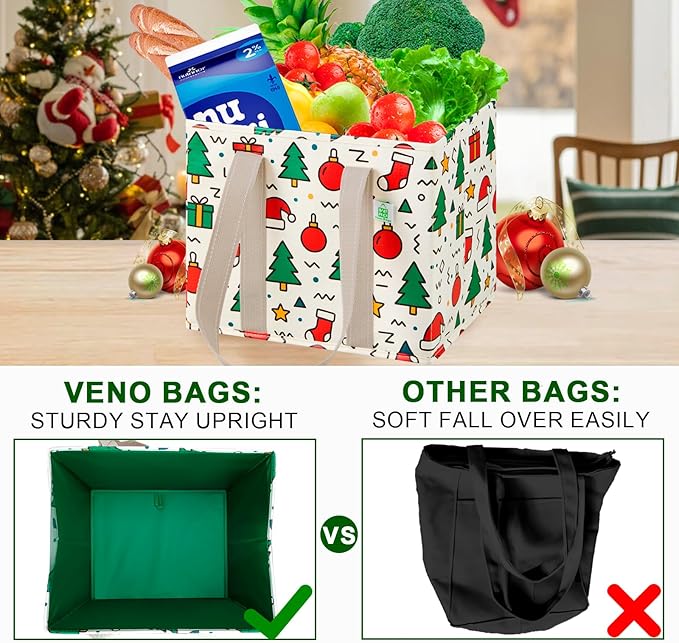 VENO 3 Pack Christmas Reusable Grocery Bags, Shopping Bags for Groceries, Tote with Handles and Hard Bottom, Foldable Shopping Cart Organizer, Water Resistant, Heavy-Duty (Jingle Mix, 6 Gallon)