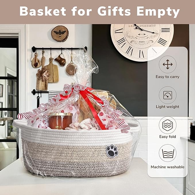 Dog Basket Gift Basket Empty, 13.6"x 10" x 6" Woven Storage Baskets for Organizing, Cotton Rope Baskets for Shelf, Dog Storag