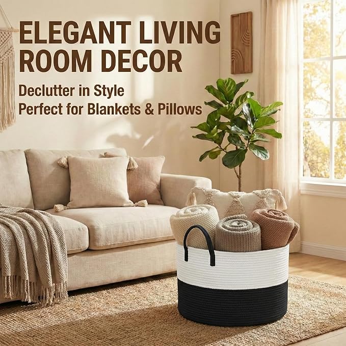 JMvicyroam 115L Extra Large Blanket Basket for Living Room - Woven Cotton Rope Laundry Hamper with Reinforced Handles - Stora