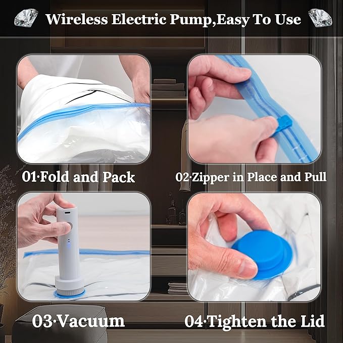 Vacuum Sealing Bags for Clothing Travel,Space Saver Vacuum Storage Bags with Wireless Air Pump (9 Combo Bags+Electric Pump)