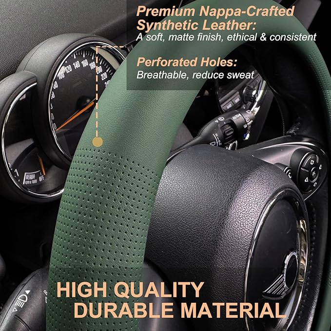 PINCTROT Nappa Leather Steering Wheel Cover, Slim Fit No Bulk Design, One Piece Leather with Breathable Perforation, Fit Like