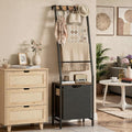 MAHANCRIS Blanket Ladder, 4-Tier Towel Rack with Pull-Out Laundry Basket & Removable Hooks, Ladder Shelf Stand, Wall-Leaning 