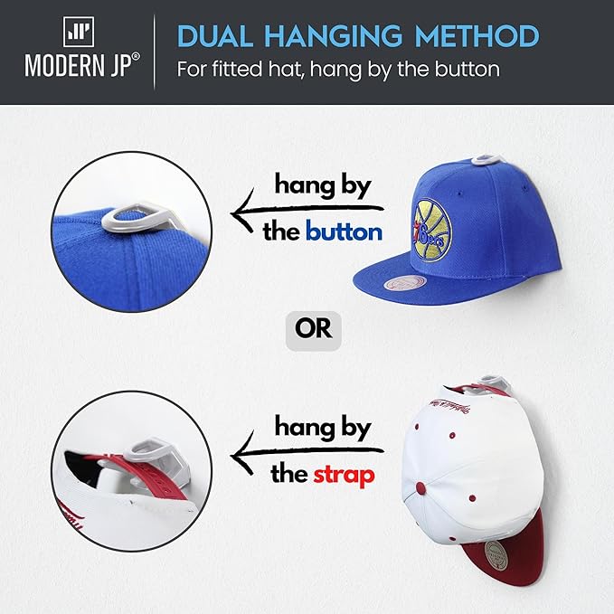 Modern JP Adhesive Hat Hooks for Wall (32-Pack) - Hat Rack for Baseball Caps, Minimalist Hat Display, Strong Hold Hat Hangers