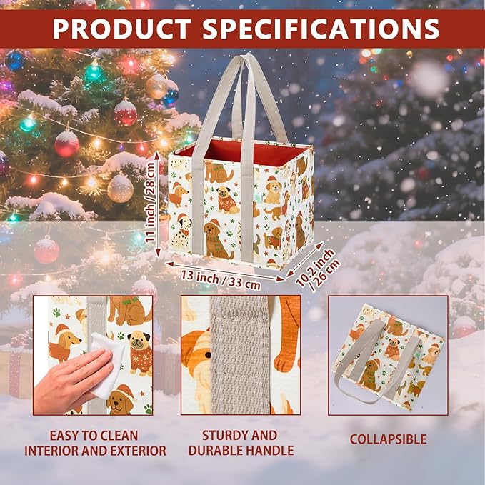 VENO 3 Pack Christmas Reusable Grocery Bags, Shopping Bags for Groceries, Tote with Handles and Hard Bottom, Foldable Shopping Cart Organizer, Water Resistant, Heavy-Duty (Holiday Pups, 6 Gallon)