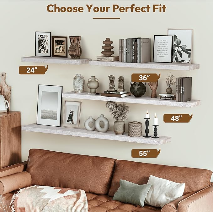Vivelove Elm Floating Shelves for Wall Solid Wood, 24 Inches Long Rustic Wall Shelf with Invisible Bracket for Living Room Be