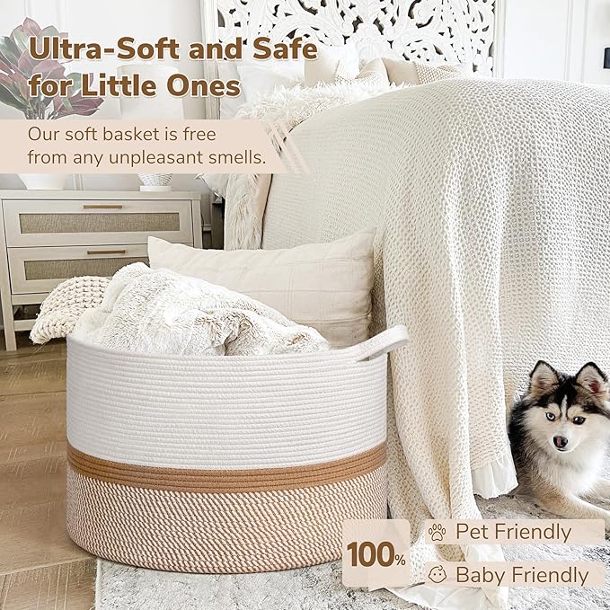 INDRESSME XXXLarge Cotton Rope Basket 21.7" x 21.7" x 13.8" Woven Baby laundry Blanket Basket for Home Decor Living Room Nurs