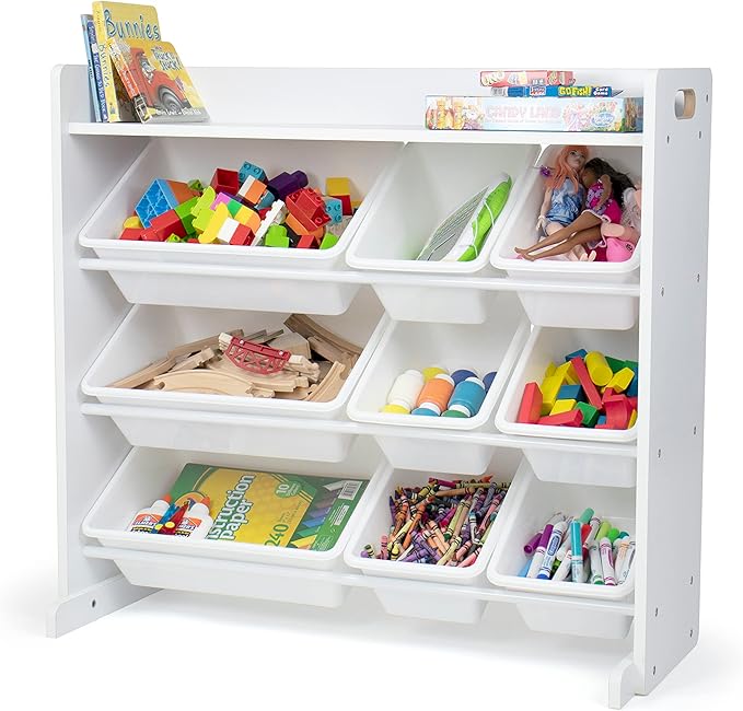 Humble Crew Toy Storage Organizer with Top Shelf and 9 Removable Bins, White/White – Toddler Bookshelf with Toy Organizer - M