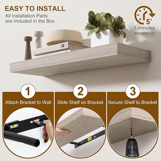 Fun Memories 55 Inch Fireplace Mantel - Long Floating Shelf, Wall Mounted Farmhouse Display with Invisible Heavy Duty Metal B