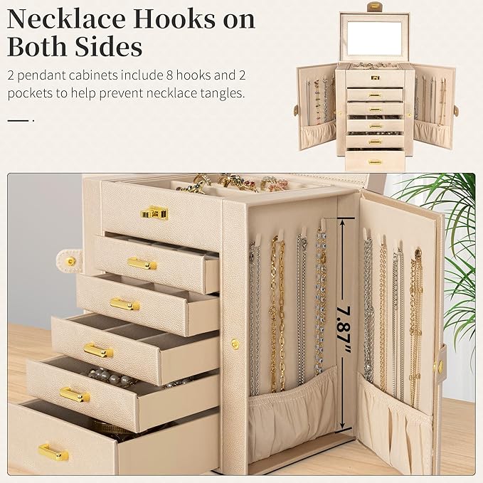 AKOZLIN 6-Tier Jewelry Box Organizer Functional Leather Jewelry Storage Case for Women Girls Ring Necklace Earring Bracelet H