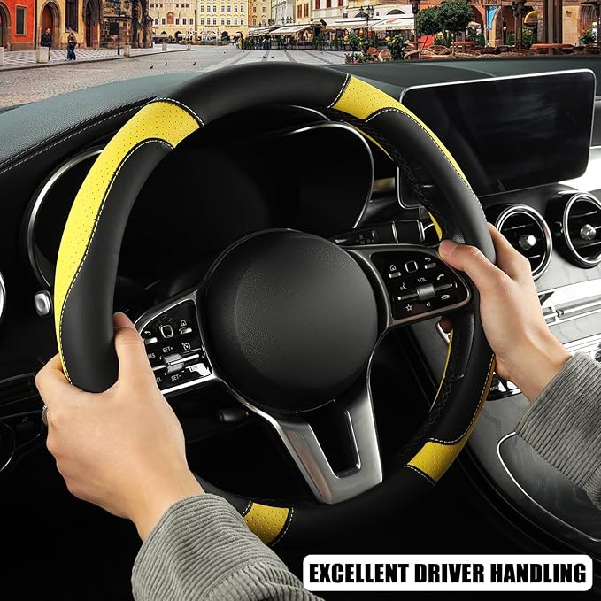 Leather Steering Wheel Cover, Breathable, Anti Slip & Odor Free, Black and Yellow