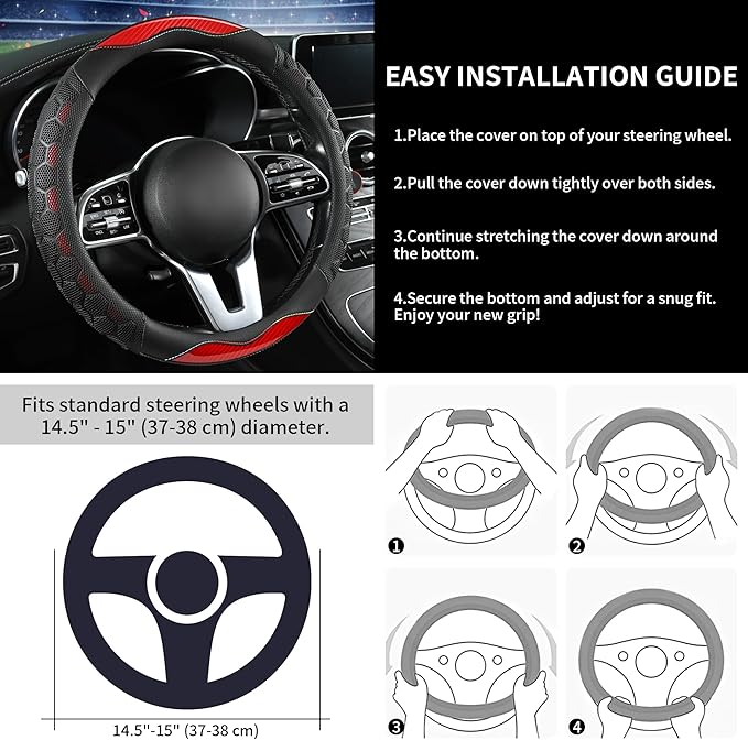 PU Leather Steering Wheel Cover 14.5-15 Inch, Carbon Fiber Style Grip, Non-Slip & Breathable, Universal for Sedan SUV Truck