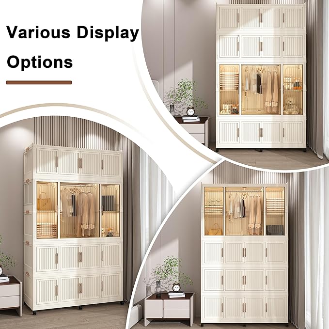 Portable Wardrobe Closet Storage Organizer for Clothes, Clothes Dresser, 12 Magnetic Doors-12 Cubes & 2 Hanging Rod,16 pcs Ha