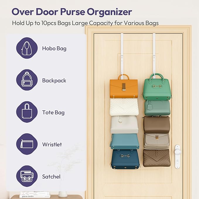 SWTYMIKI Over the Door Purse Organizer - 2 Packs Wall Mounted Purse Rack with 5 Hooks Design, Hanging Handbag Organizer Stora