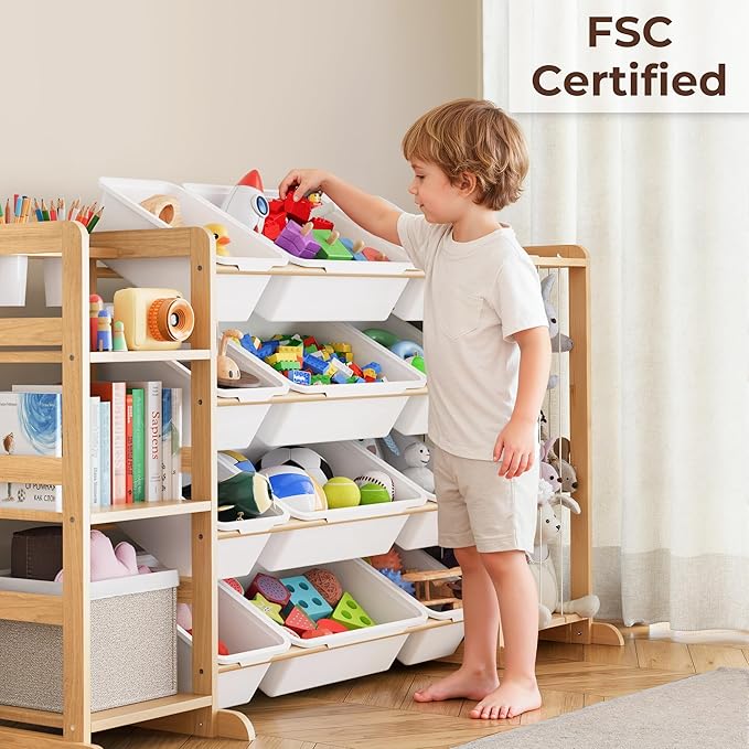 Storage Organizer with Bookshelf and Stuffed Animal Storage - Playroom Organization with Shelves and 12 Bins - Living Room Bo