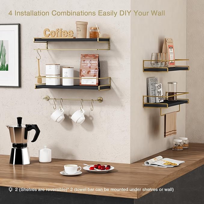 Forbena Black and Gold Bathroom Floating Shelves for Wall, Decorative Wall Mounted Shelves for Kitchen Coffee Bar Station Org