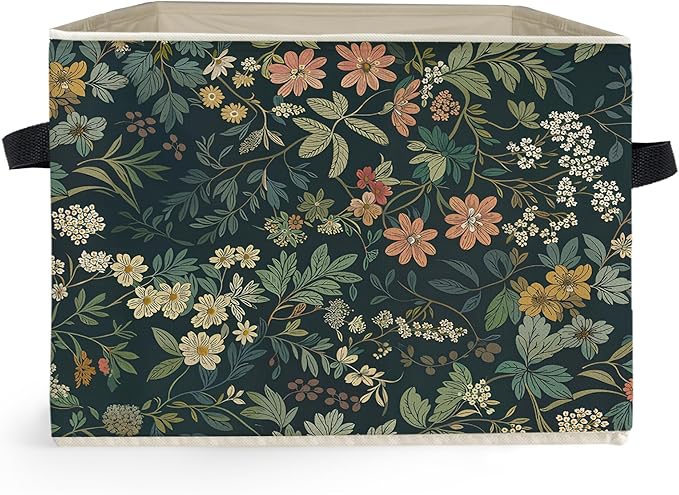 Dark Green Floral Botanical Storage Box Bins, Rustic Cottagecore Nature Flower Collapsible Storage Basket Organizer for Bedro