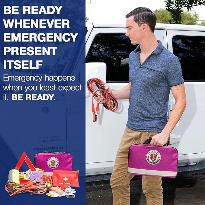 Roadside Car Emergency Kit - First Aid Set, Jumper Cables, Tow Strap, LED Flash Light, Rain Coat, Tire Pressure Gauge, Safety