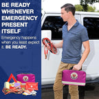 Roadside Car Emergency Kit - First Aid Set, Jumper Cables, Tow Strap, LED Flash Light, Rain Coat, Tire Pressure Gauge, Safety
