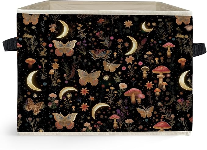 Enchanted Forest Boho Witchy Storage Box Bins, Mystical Moon Butterfly Mushroom Floral Collapsible Storage Basket Organizer f