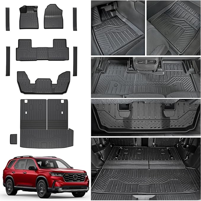 Floor Mats for 2023-2025 2026 Honda Pilot, Cargo Mat with Backrest Mat All Weather TPE Cargo Liner Replacement Protection for 2025 Honda Pilot Accessories Door Sill Guards