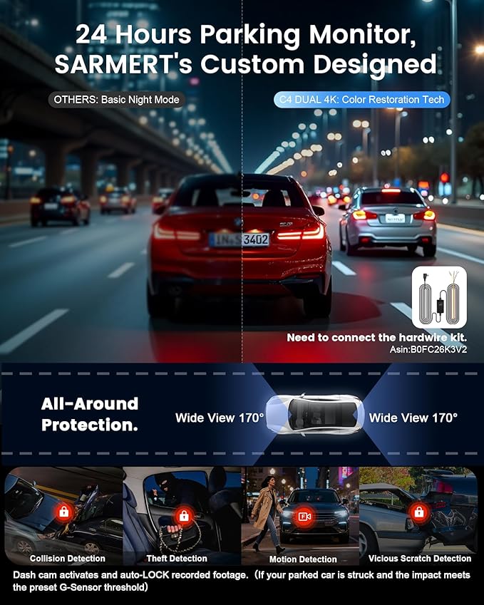Dash Cam Front and Rear - Sarmert C4 Dual 4K Built-in GPS and 5G WiFi, Free 128GB Card Included, HDR Night Vision, WDR, 4K UH