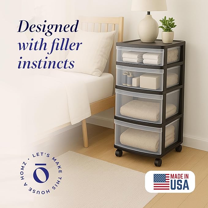 HOMZ Drawer Tower, 4-Tier Clear Plastic Storage Organizer Cart, Black Frame - Multi-Purpose Rolling Drawers with Wheels for B