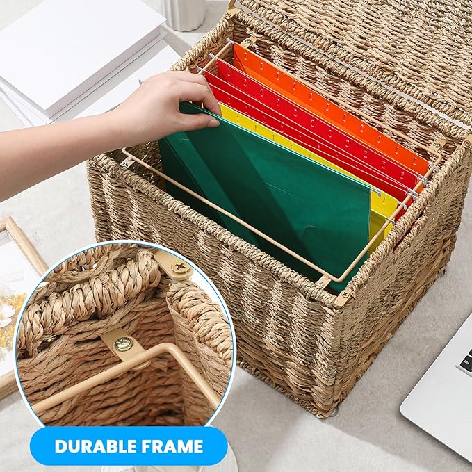 Decorative File Box 14 x 12 x 11 in Wicker Seagrass File Basket Organizer for Letter Size Hand Woven Hanging Filing Cabinet w