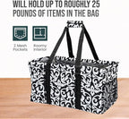 Extra Large Utility Tote Bag - Oversized Collapsible Reusable Wire Frame Rectangular Canvas Basket With Two Exterior Pockets For Beach, Pool, Laundry, Car Trunk, Storage - Damask Black