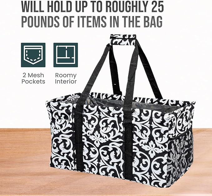 Extra Large Utility Tote Bag - Oversized Collapsible Reusable Wire Frame Rectangular Canvas Basket With Two Exterior Pockets For Beach, Pool, Laundry, Car Trunk, Storage - Damask Black