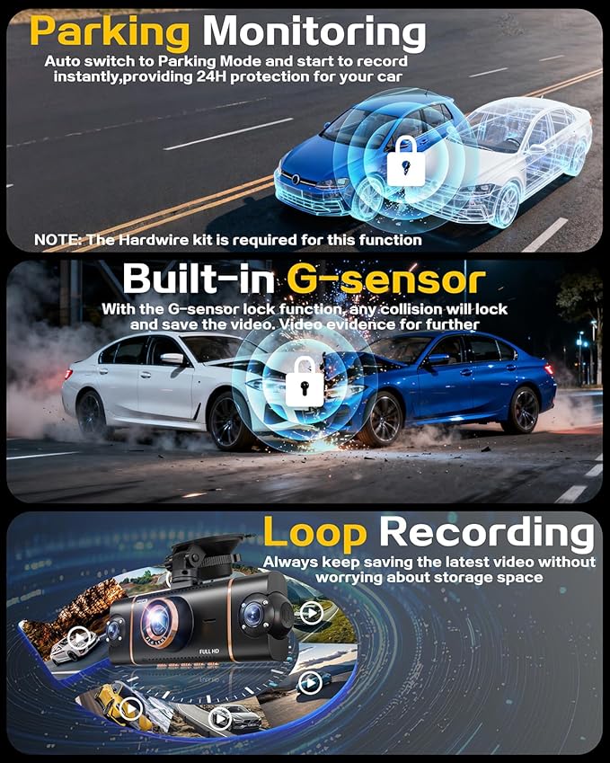 4 Channel 360° Dash Cam Front Rear Inside & Left Right,4K+1080P*3 FHD Car Camera,5GHz WiFi & App Control,8 IR Lamps Night Vis