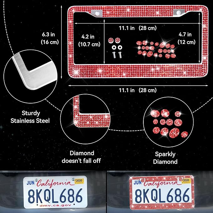 CAR PASS 30 PCS Bling Diamond Car Accessories Set for Women, Bling Steering Wheel Covers 15 Inch, Shining Rhinestone License Plate Frame, Sparkly Phone Holder, Cute Interior Set Decorations, Red