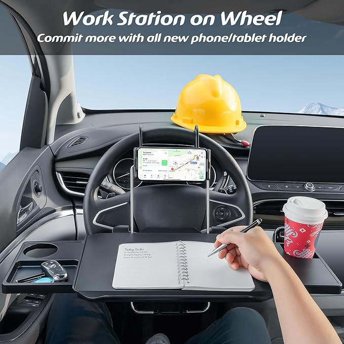 Paffenery Large Car Steering Wheel Tray Back Seat Headrest Tray with Phone Holder, Steering Wheel Desk Food Table for Car Laptop Mount Steering Wheel for Large Trucks