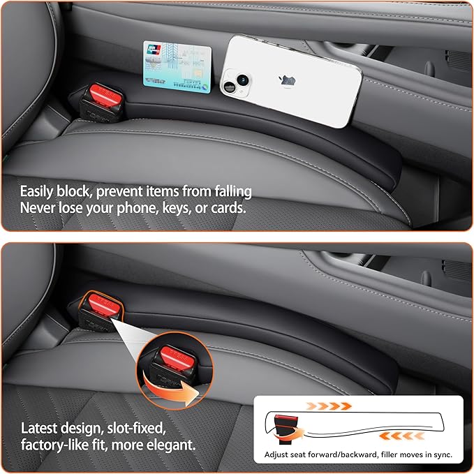 Car Seat Gap Filler - 2 Pack Premium Leather Console Blockers for Cars, Trucks & SUVs - Adjustable 1.4-2.4 Inch Width - Prevents Items Falling Between Seats (Black)