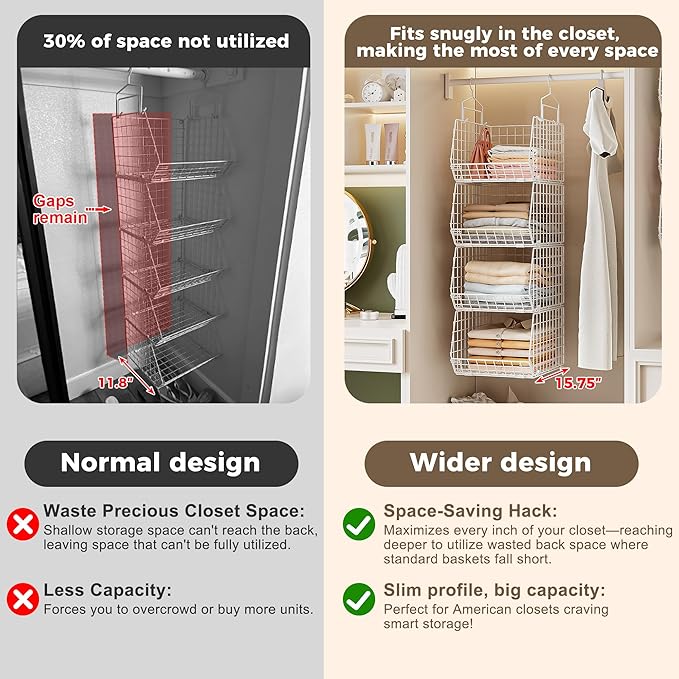 4" Extra Deeper Foldable Hanging Closet Organizer, Small Wire Cabinet Shelves and Storage with 5 S Hooks,4 Tier Metal Basket 
