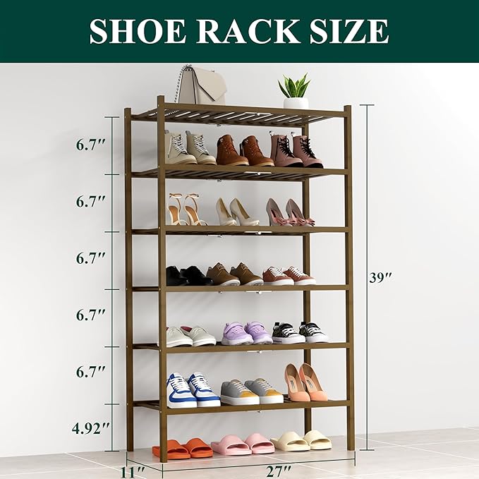 Smiry Shoe Rack, 6 Tier Thick Bamboo Shoe Organizer, Stackable Free Standing Wooden Shoe Storage Shelf for Closet, Entryway, 
