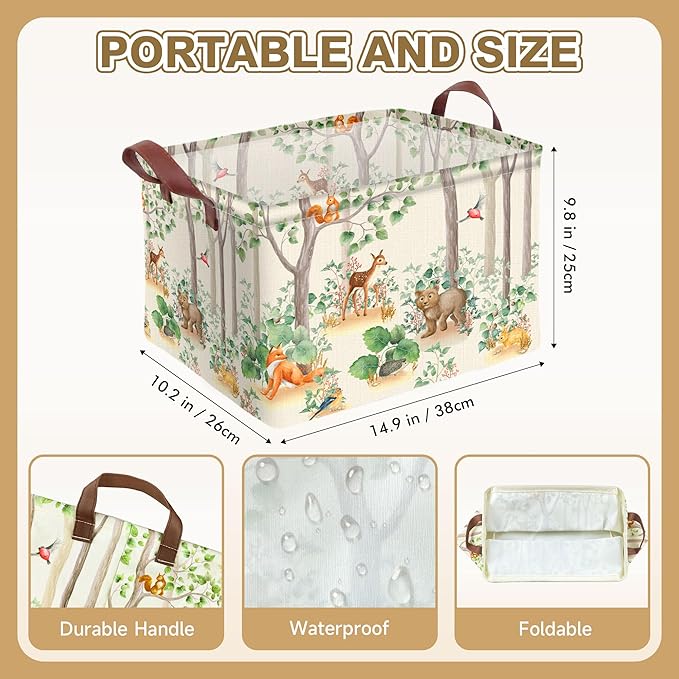 Woodland Animal Storage Basket Waterproof Canvas Toy Storage Bin Home Forest Decor Collapsible Outdoor Basket with Leather Ha