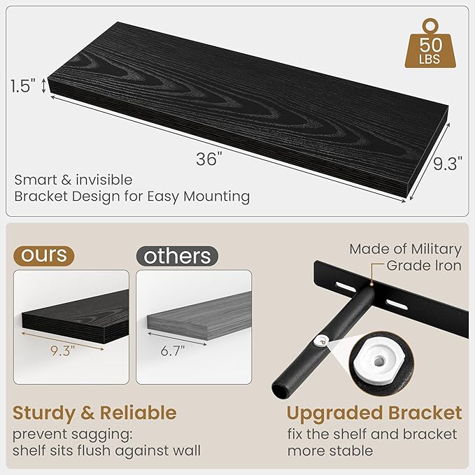 Fun Memories 36 Inch Floating Shelves in Black, 9.3 Inch Deep Floating Shelf for Bathroom Living Room Kitchen, Rusitc Wall Mo