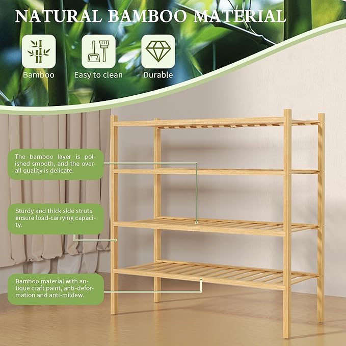 ROMGUAR CRAFT 4 Tier Bamboo Shoe Rack for Closet Free Standing Wood Shoe Shelf for Entryway Small Space Stackable 27"x11"x26"
