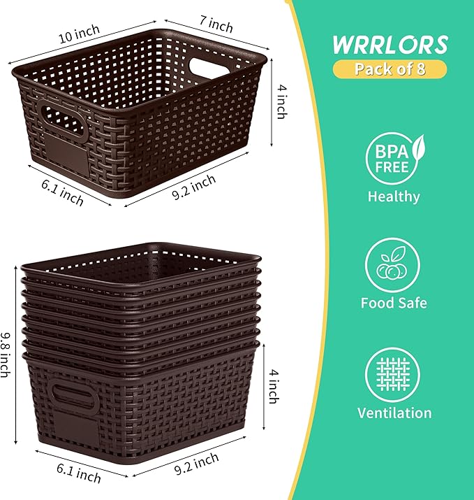 8-Pack Brown Plastic Storage Baskets with Lids, Label Organizers, Stackable Organizer Containers: For Organizing Shelves, Dra