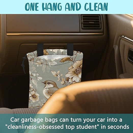 Car Garbage Bag Vintage Bird and Floral Hanging Canvas Car Trash Bag Drawstring Car Back Seat Organizer for Car Back Front Seat Console with Adjustable Buckle