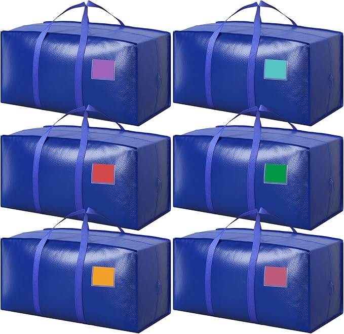 6 Pack Moving Bags with Full-Open Side Zipper, Extra Large 93L Heavy Duty Waterproof Foldable Storage Totes for College Dorm,